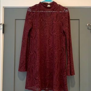 Long sleeve, mock neck, lace mini dress